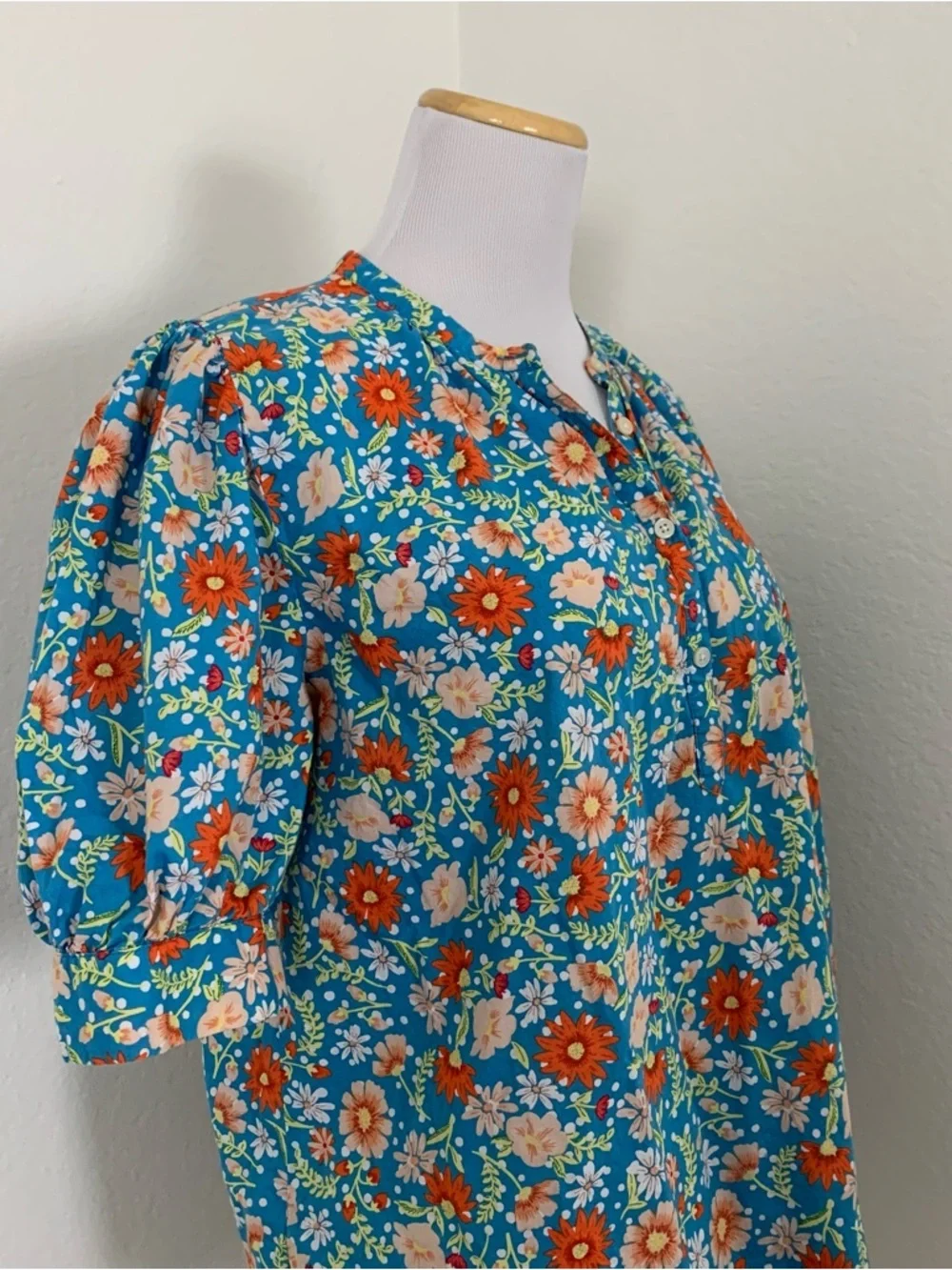 Loft Outlet Floral Puff Sleeve Top Womens M V Neck Button Popover Cotton